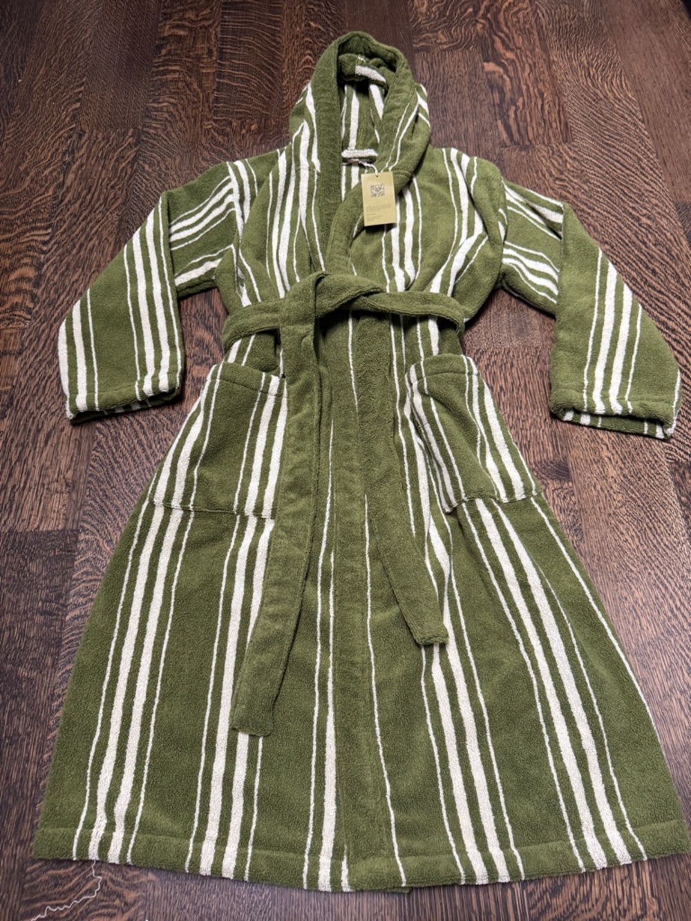 NWT Autumn Sonata “Charlotte” Hooded Robe | S/M | Olive/Cream | Organic Cotton